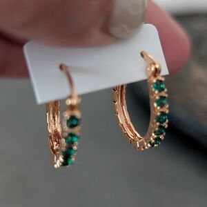 18k Rose Gold Oval Hoop Earrings with Green CZ